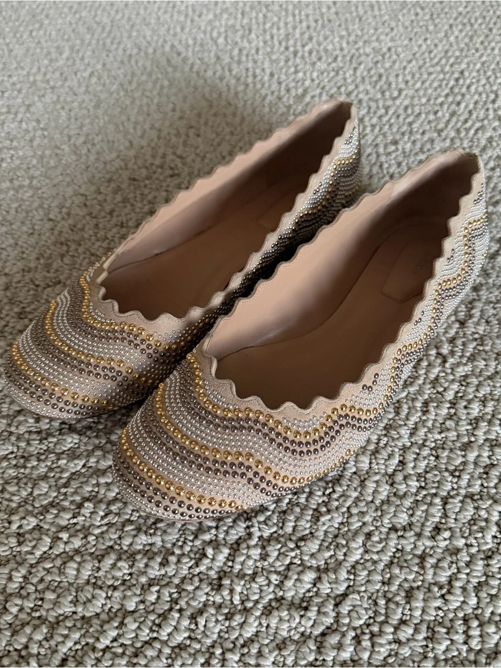 Chloe Beige Suede Studded Scalloped Lauren Ballet Flats